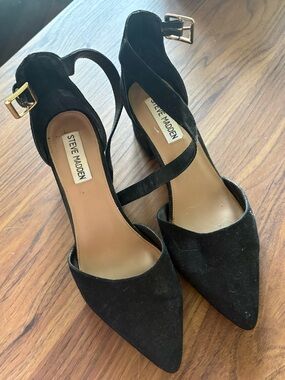 Steve Madden Black Suede D'Orsay Slingback Flats with Gold Buckle